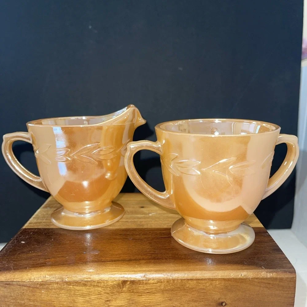 Fire King Oven Ware Peach Luster / Laurel Leaf Cream and Sugar Bowl Set Vintage